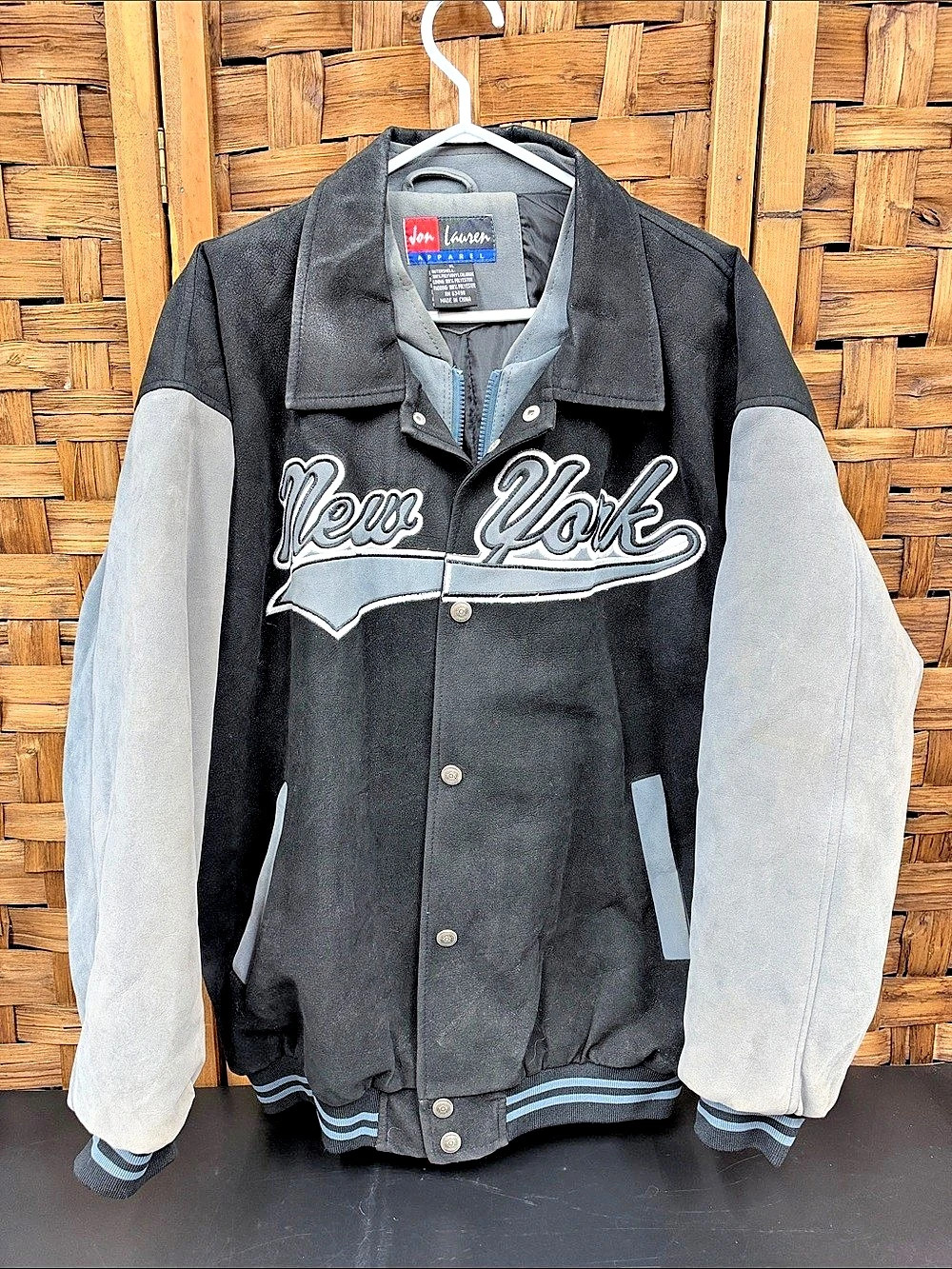 Vintage Jon Lauren New York Varsity Jacket XL Black Gray Faux Suede Y2K